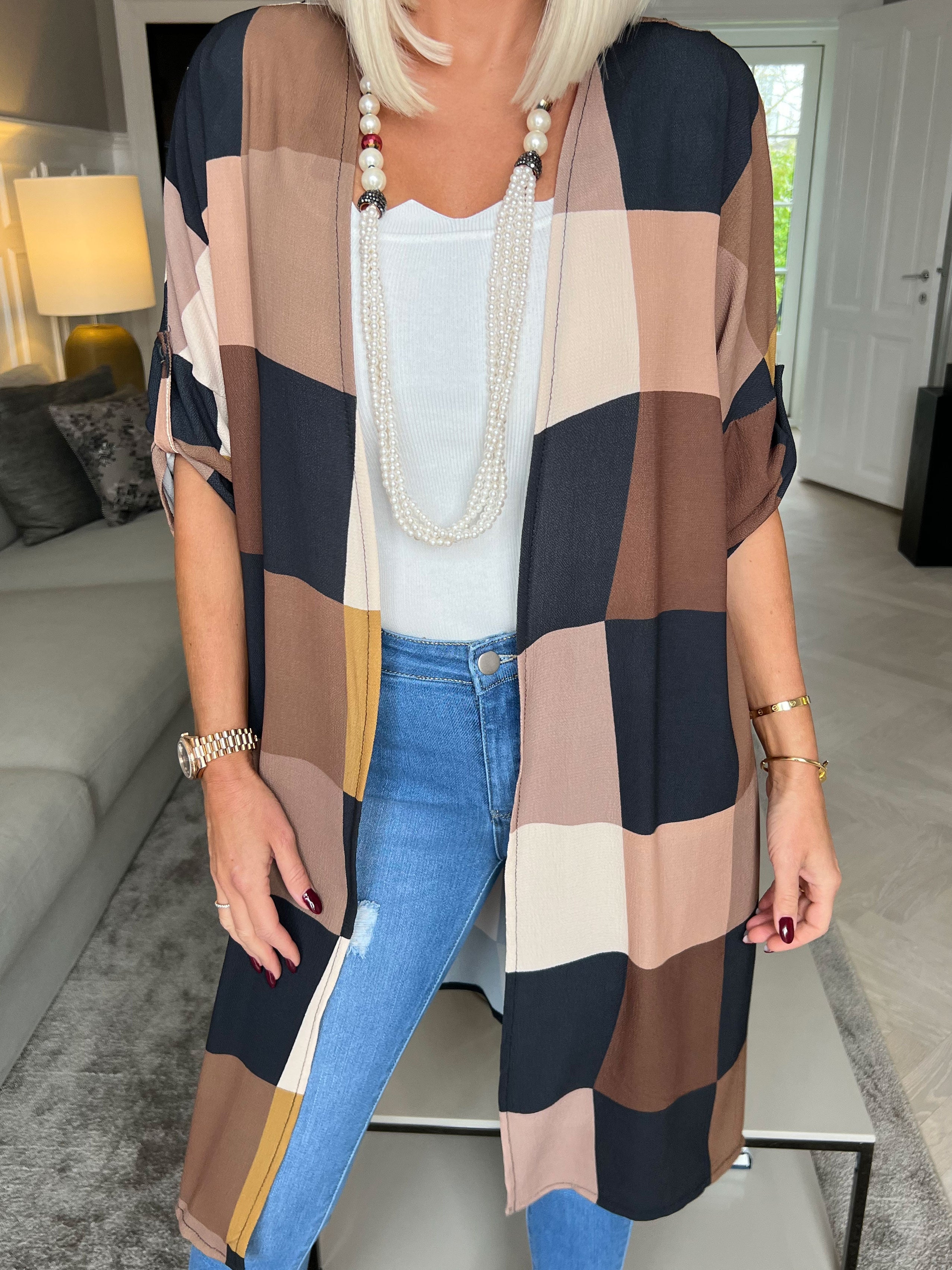 Vanesa Kimono - Söt kimono i viskos med rutor - Blue